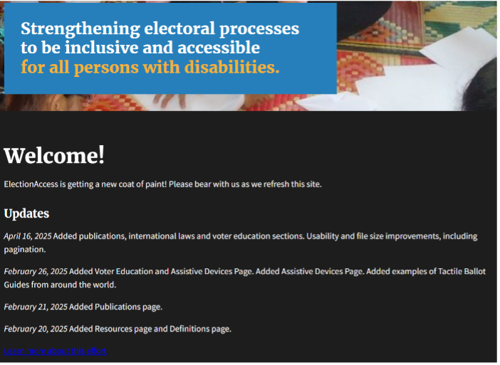 The Election Access 'Welcome' page with black background and white text.