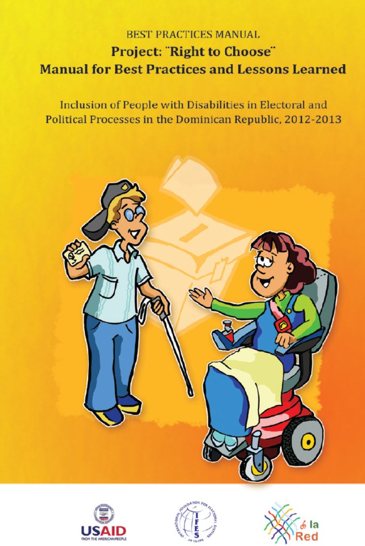 There is a bright orange background. In the front is a young man with sunglasses and a cane, and a young woman using a power wheelchair.