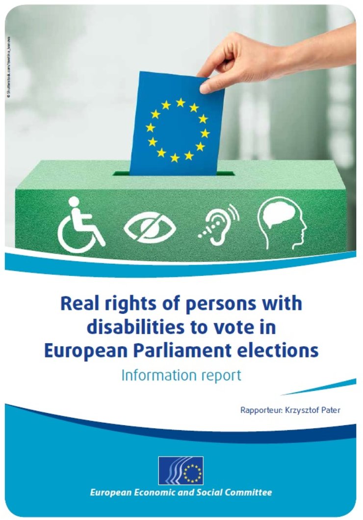 Cover of the report includes ballot of EU flag cast into ballot box with disability symbols