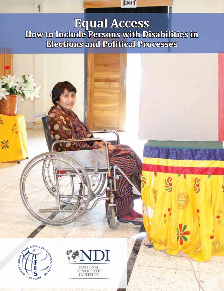 The front cover of the publication shows a woman using a wheelchair infront of a polling booth. She is looking toward the camera with a soft smile and wearing a brown patterned dress..