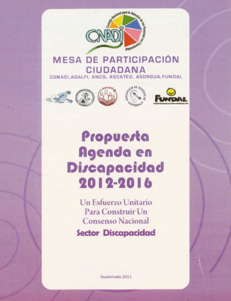 The cover has a purple background with a white box in the center. At the top are six logos - the CONADI logo is the largest. Below is written "Propuesta Agenda en Discapacidad, 2012-2016"