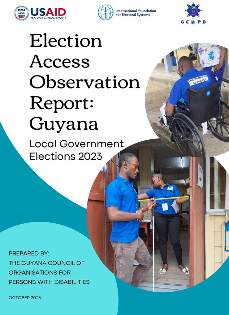 Two photos of three election observers (one woman and two men) assisting voters and checking for accessible entryways. 