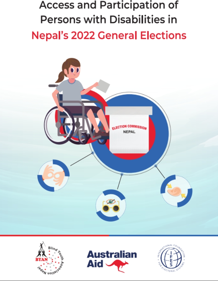 The cover of the report, showing a cartoon woman using a wheelchair putting a ballot in a ballot box, logos of BYAN, Australian Aid, and IFES