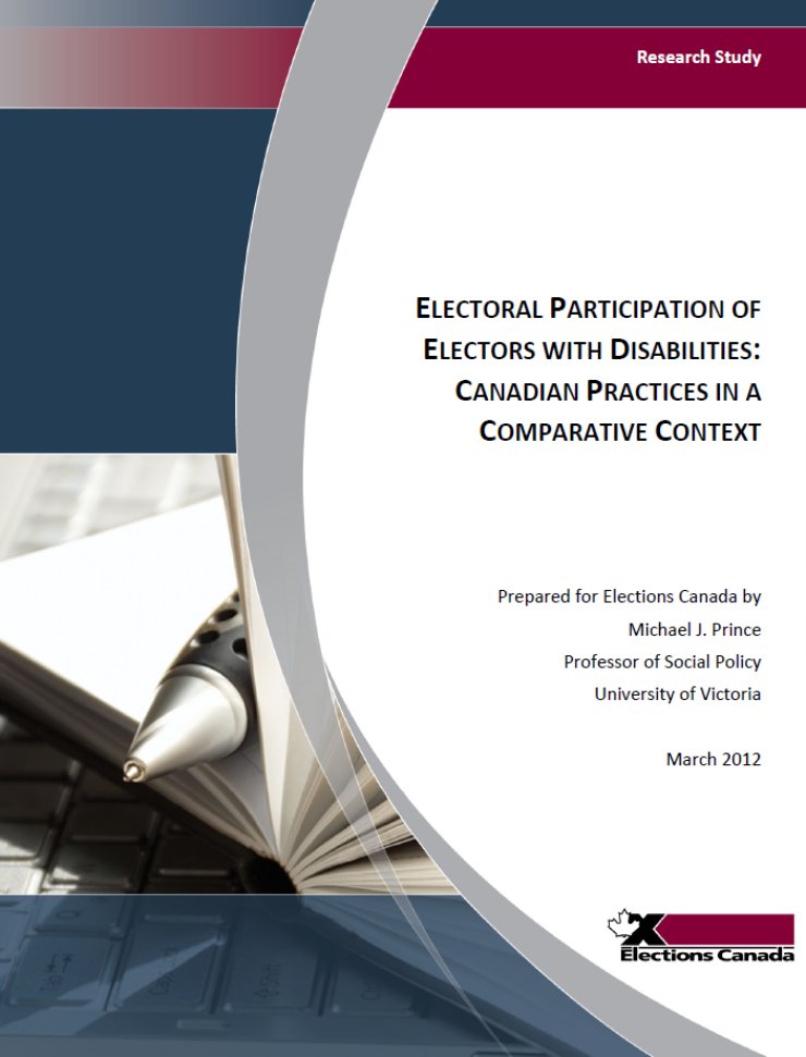 The left half of the cover is a photo of a pen lying on top of a book on top of a laptop. The right half of the cover is the title, with the logo of Elections Canada in the lower right corner. 