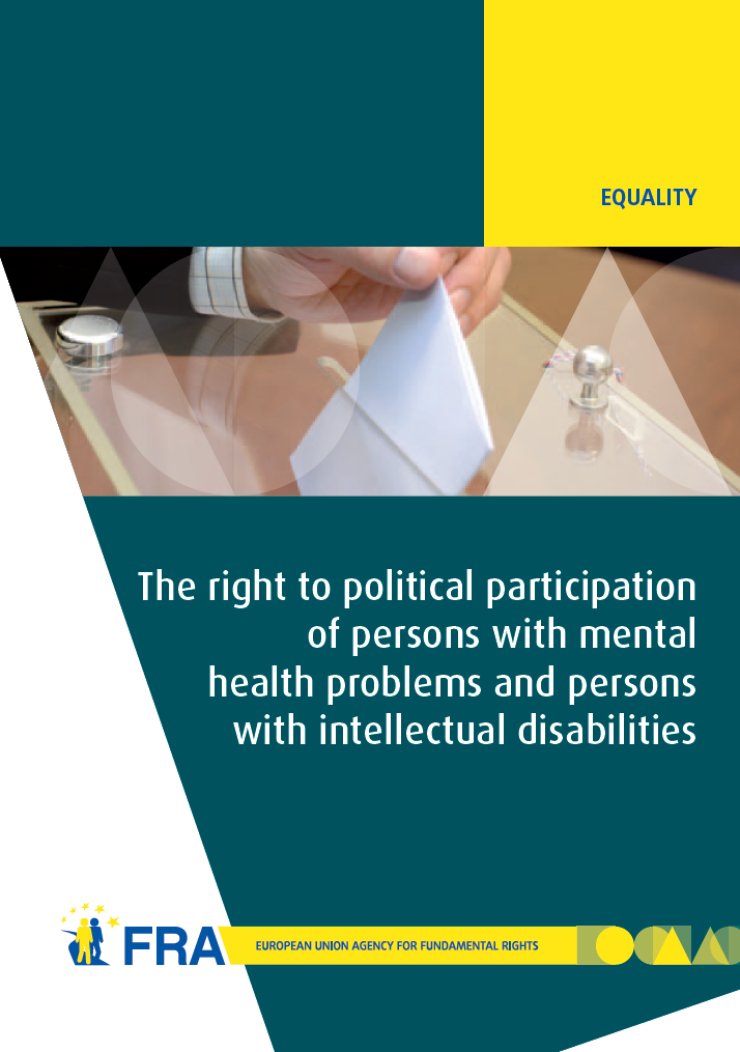 The upper bar has a dark green rectangle on the left and a bright yellow square on the right with the word "Equality" in it. Below is a photo of a hand casting a ballot. Below that is the title and FRA's logo.