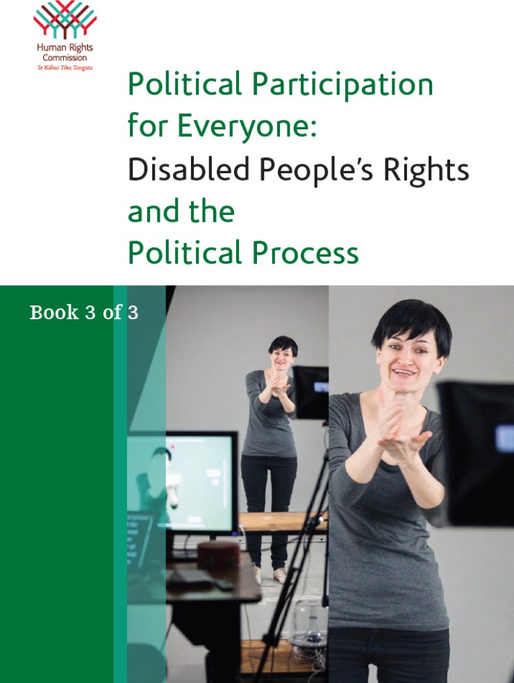 The top half of the cover is white with the HRC logo in the upper left corner and the title in the center. The bottom half is a large photo of a woman using New Zealand Sign Language in front of a video camera.