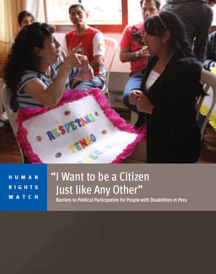 A large photo of a woman using Peruvian sign language with another woman takes up most of the cover. A bar just below has the HRW logo and the title against a light brown background. The bottom bar is dark brown.