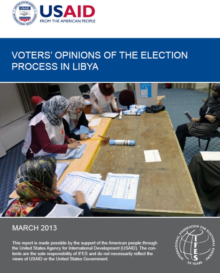 The top bar has the USAID logo on a white background. The middle has the title and a photo of four women counting votes at a table. The bottom bar (in grey) has the IFES logo.