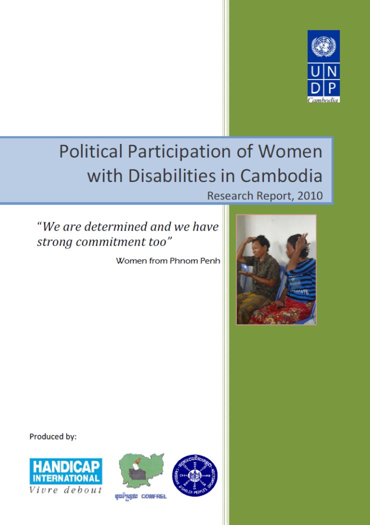 The left half of the cover is white, with three logos on the bottom (Handicap International, COMFREL, Cambodia Disabled People's Organization). The right half is green, with the UNDP logo in the upper right corner and a small photo of two women signing.