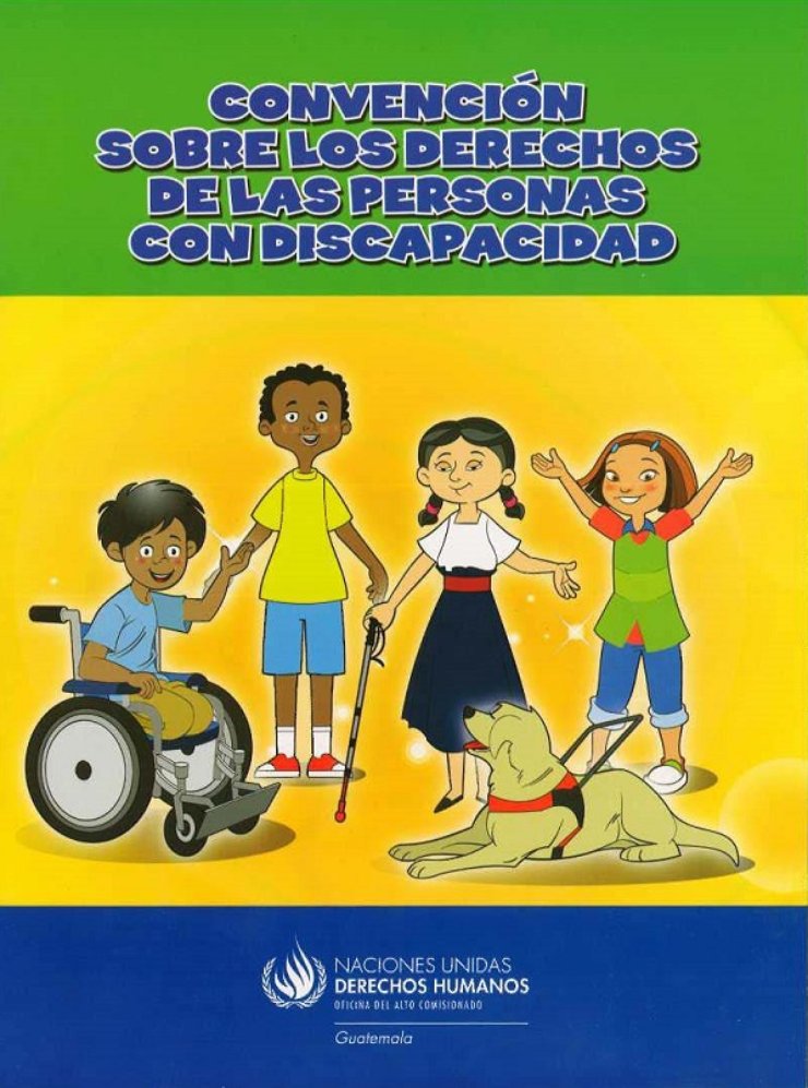 On the front cover is a group of four people (two men and two women) who have a disability. One man appears to be using a wheelchair, and one women is using a cane and guide dog.