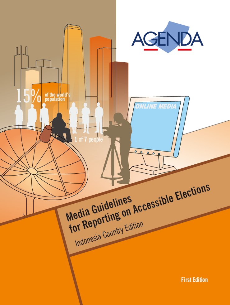 In the far back is a line drawing of an orange city against a brown sky, a line of people including a person with a disability, and a reporter with a video camera is standing in the front