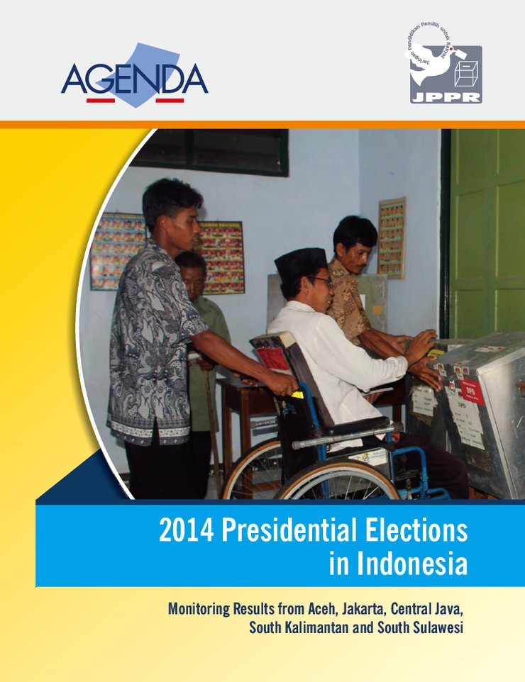 In the main photo, a man using a wheelchair casts his ballot amongst other voters. Below the photo is the title in a bright blue banner. 